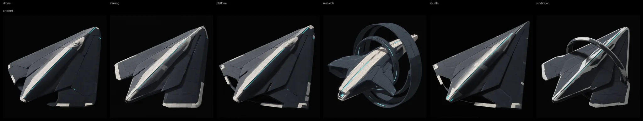 Ancient ship and station catalog: slate wedge hulls with a cyan centreline, including the Vindicator