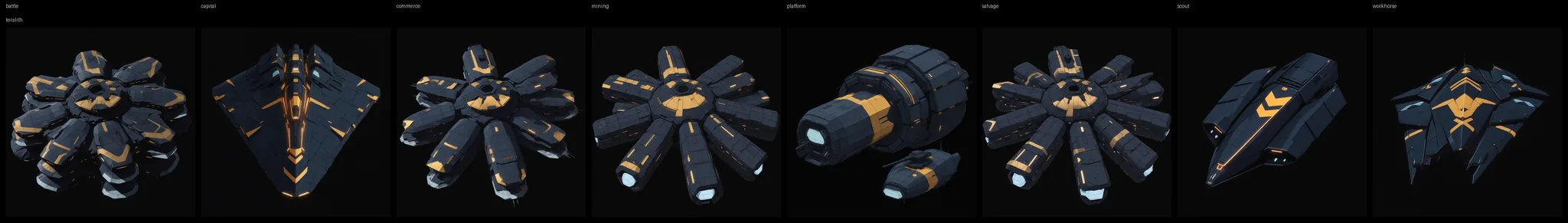 Teralith ship and station catalog: navy faceted plate with matte gold chevrons