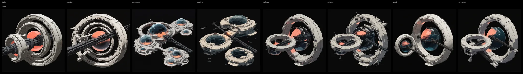 Trine ship and station catalog: white machined rings around coral-lit water cores