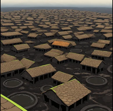 Gorrath city: shingled stilt halls over dark fodder pits