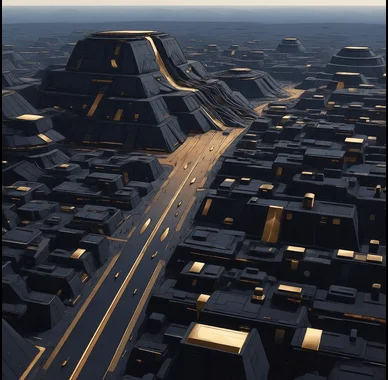 Teralith city: dark pyramid masses along a gold avenue