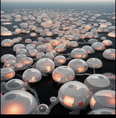Trine city: pale nacre bubble domes on a dark sea, lit coral from within