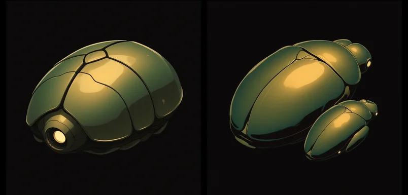 Kithar scarab hull: iridescent green-gold beetle carapace with a single glowing eye