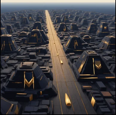 Teralith capital city: black stepped ziggurats flanking a gold processional boulevard