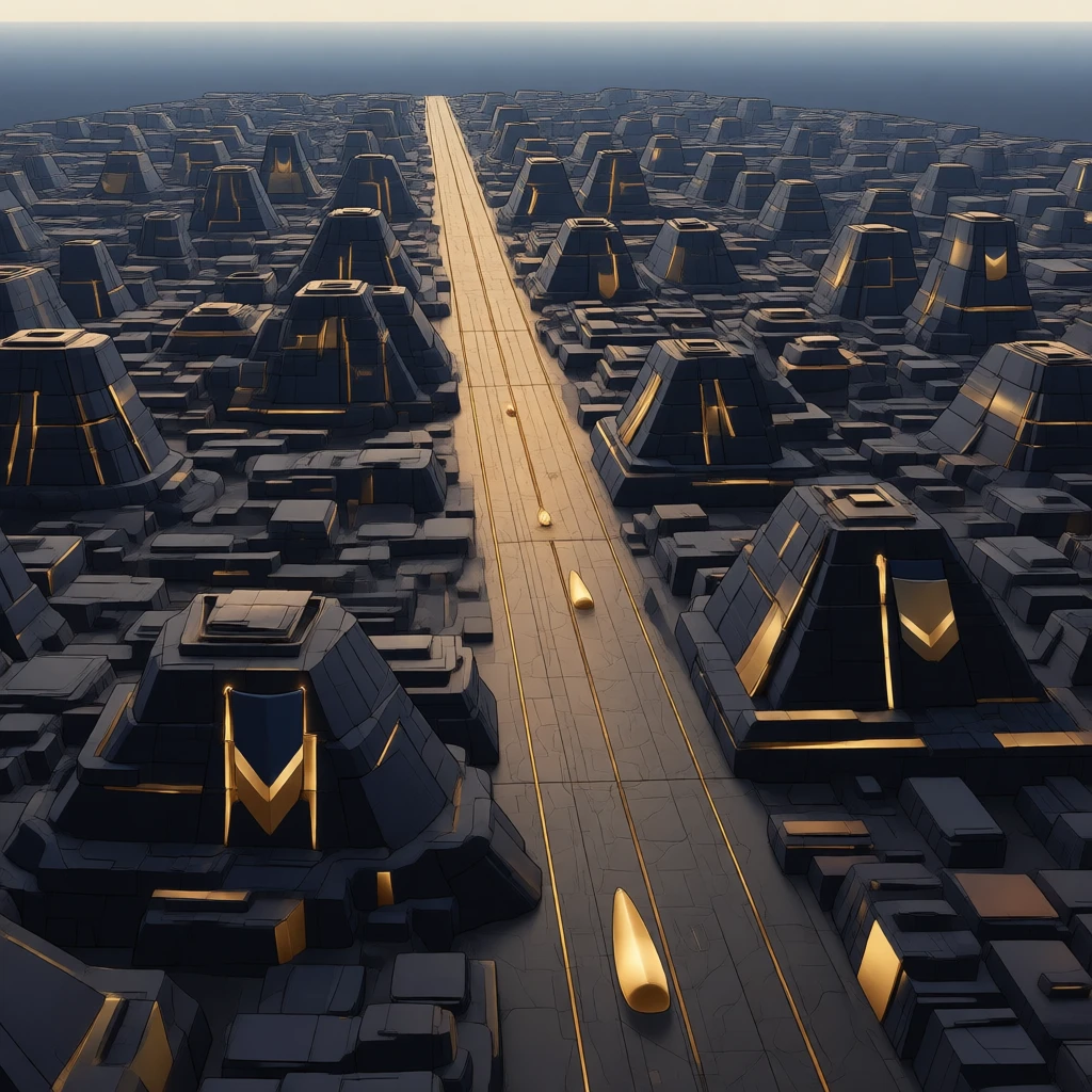 Teralith capital city: black ziggurats flanking a gold processional boulevard, seen from orbit height